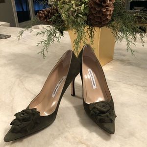 Manolo Blahnik Olive Suede Pumps
